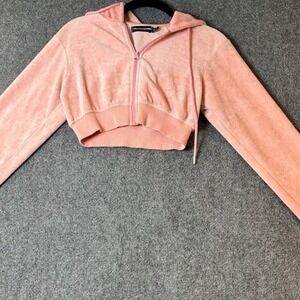 PrettyLittleThing Cropped Hoodie Velour Full Zip‎ Pink Athleisure Size US 4